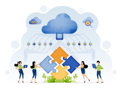 Illustration of people assisted by artificial intelligence solve Illustration of people assisted by artificial intelligence solve puzzle problems with machine learning in cloud databases. Design can be for landing page website banner mobile app web social media ads