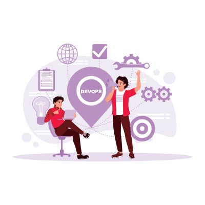 Entrepreneur carries out the development and monitoring of steps in the software. DevOps concept and digital business innovation. Trend Modern vector flat illustration. Entrepreneur carries out the development and monitoring of steps in the software. DevOps concept and digital business innovation. Trend Modern vector flat illustration.